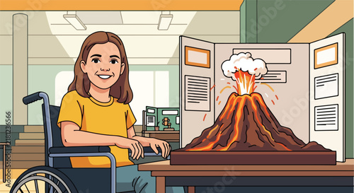 Young person in a wheelchair beside a volcano science project