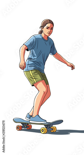A person in casual clothes rides a skateboard, looking forward