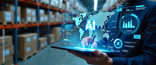 Man analyzing global supply chain data with artificial intelligence technology on tablet.