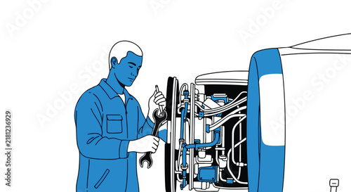 Mechanic fixes engine with wrench, blue uniform