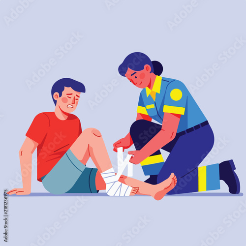 Paramedic helps injured person with bandaged ankle