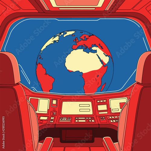 Inside a spaceship cockpit viewing Earth