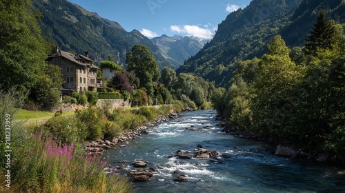 Swiss alpine landscape with river stream and traditional houses
