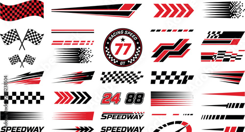 Racing speed graphics set, checkered flag decals and sports stripes, automotive vinyl stickers for car tuning and motorsport