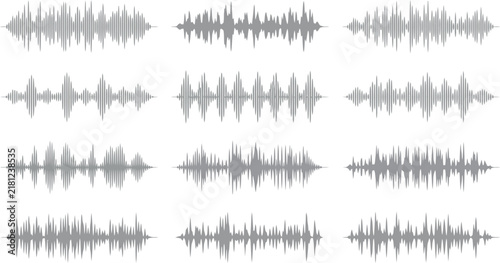 Minimalist sound wave collection, 12 gray audio waveform vector icons, digital music frequency signal set for podcasting