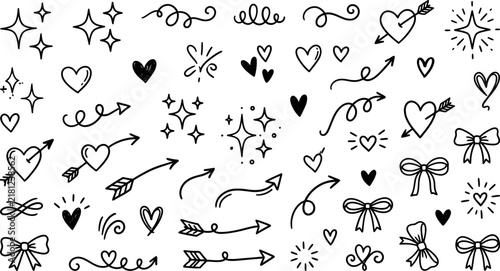 Hand drawn doodle elements, black ink hearts and arrows vector set, decorative sparkles and swirls for wedding stationery