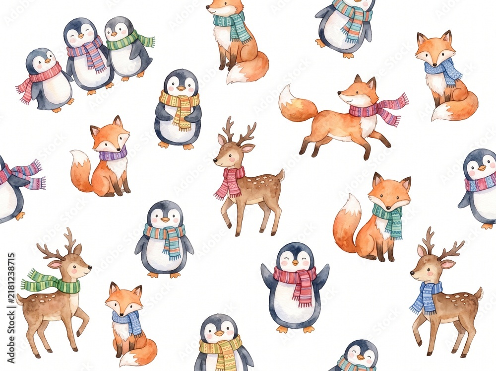 Naklejka premium Cute Watercolor Winter Animals with Scarves Scattered Pattern
