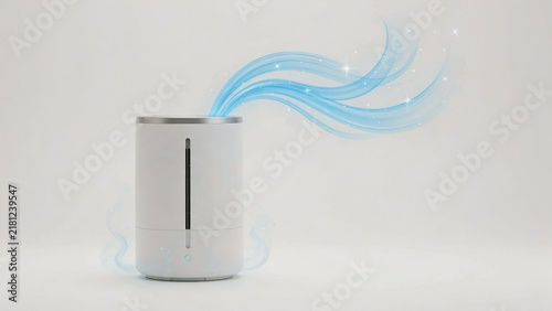 Modern air purifier device emitting clean blue air stream against transparent background