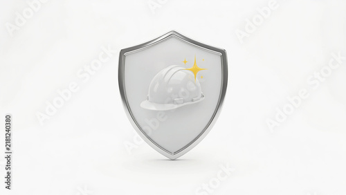 Modern graphic design featuring safety helmet inside transparent shield with glowing starburst effect