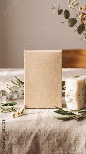 Kraft paper box mockup and handmade soap on linen cloth