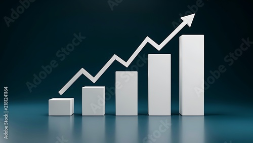3D bar chart with upward trend line illustrating growth and positive progress