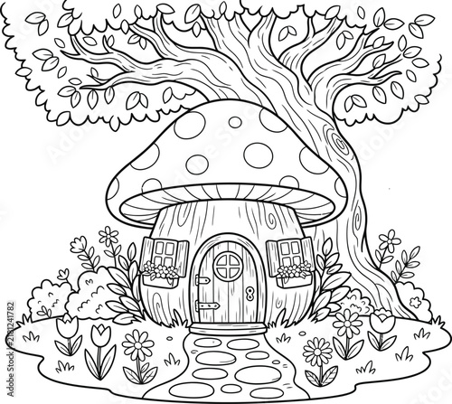 Enchanting mushroom cottage coloring page a whimsical illustration for creative relaxation and artistic expression