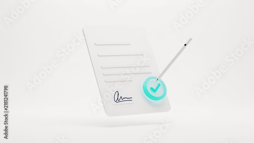 White document with signature and checkmark icon next to pen for approval or confirmation concept