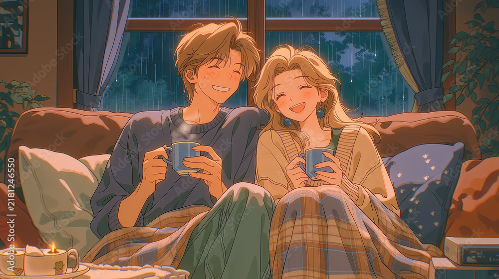 Fototapeta premium Cozy evening with friends, two young adults laughing together on a couch, warm ambiance, perfect for sharing stories.