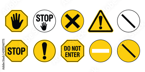 Stop Sign Icons Featuring Yellow and Black Symbols for Do Not Cross, Forbidden Access, Alerts, Exclamation Marks, and Road Safety