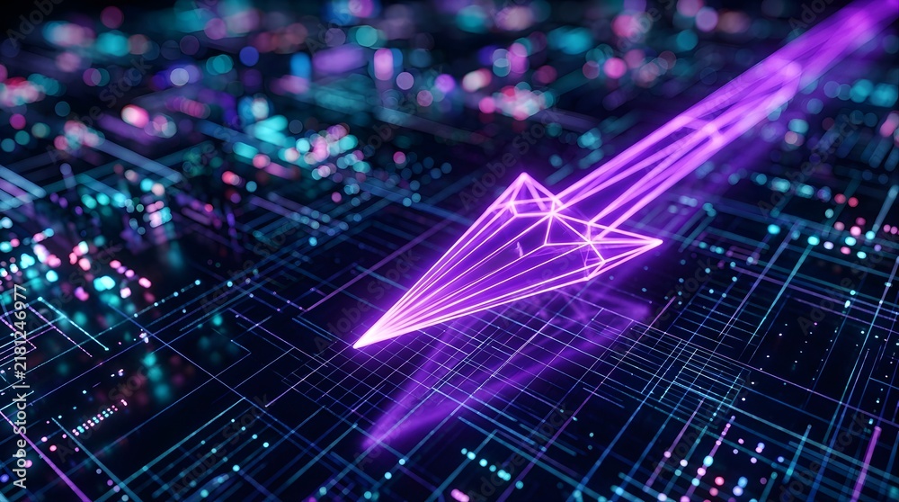 Fototapeta premium Glowing neon arrow pointing forward on a digital circuit board grid