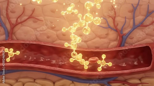 Skin absorbing vitamin D molecules under sunlight, microscopic view of cells and bloodstream, healthy skin regeneration process
