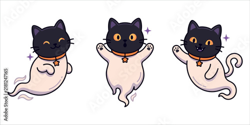Cute ghost cat vector set, spooky Halloween kitten characters, kawaii black cat spirits with collar and star charm