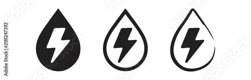 Set of black lightning bolt in water drop icons representing hydroelectric power.