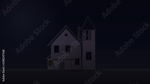 Atmospheric Halloween animation featuring a spooky haunted house at night as a group of black bats emerges from an upper window and flies into the dark sky. The window opens with subtle physical movem