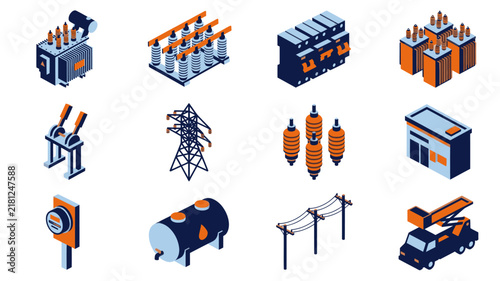 Modern Isometric Illustrations of Electrical Power Equipment and Infrastructure in Blue and Orange