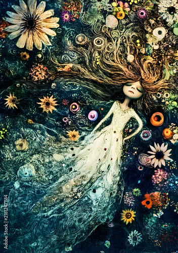 Dreamy Fantasy Woman Surrounded by Flowers and Nature