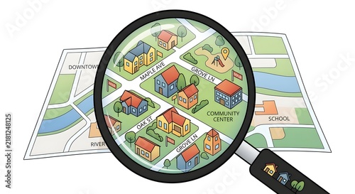 Magnifying Glass Focusing On Colorful Suburban Neighborhood Map Illustration On White Background