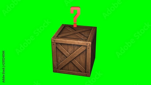 Seamless spinning mystery wooden box isolated on green screen. A spinning wooden box with a question mark moving up and down on top of it.