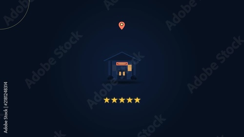 Premium animated restaurant review concept featuring a stylized location with a five-star customer rating system. Five golden stars illuminate sequentially from one to five, with the final star trigge