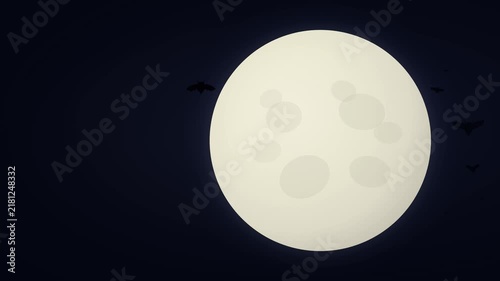 Large glowing full moon illuminating a dark Halloween night sky as bats fly across the moon creating dramatic black silhouettes. Cinematic spooky atmosphere designed for Halloween, horror, mystery, se