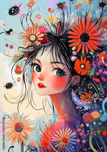 Whimsical Girl Portrait with Colorful Flowers and Floral Crown