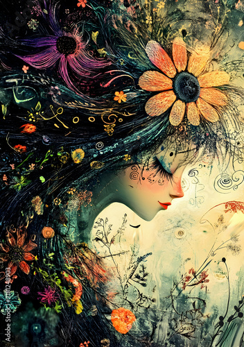 Whimsical Woman with Flowers and Enchanted Nature