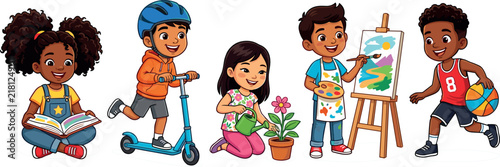 Diverse Multiracial Kids Hobbies and Outdoor Activities Cartoon Characters Vector Illustration Set