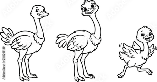 Cute Ostrich Family Cartoon Characters Mother Father and Baby Chick Line Art Vector Illustration