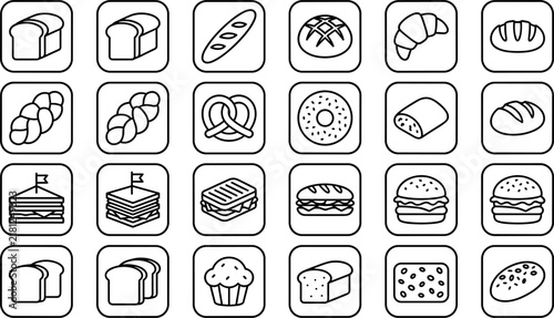 Bakery Bread Pastry and Sandwich Line Art Icons Vector Set