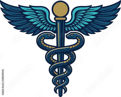 Caduceus Medical Symbol Winged Staff with Entwined Snakes Healthcare Vector Illustration