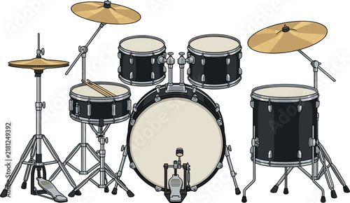 Acoustic Drum Kit Set with Cymbals Pedals and Drumsticks Musical Instrument Vector Illustration