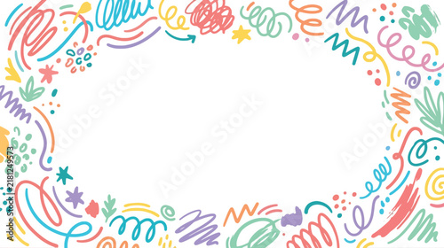 Colorful decorative doodle border frame with whimsical swirls and abstract shapes.