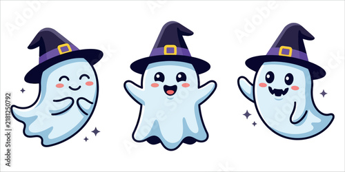 Cute Halloween ghost vector set, adorable spooky ghosts wearing witch hats, friendly cartoon spirits for holiday party decor
