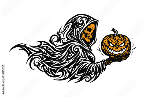 A grim  tribal style female skull figure carrying a sinister-looking pumpkin head. Illustrator Artwork Design Template