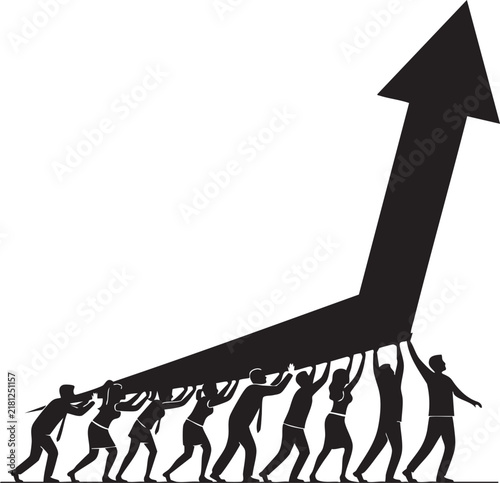Team of business people lifting a large growth arrow silhouette
