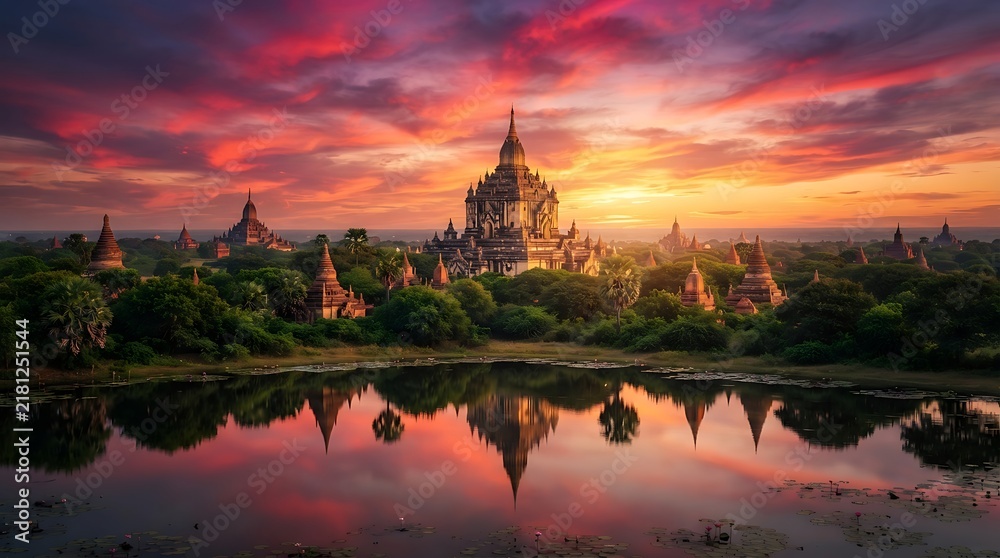 Fototapeta premium Ancient buddhist temples in bagan myanmar at sunset with reflection in a pond