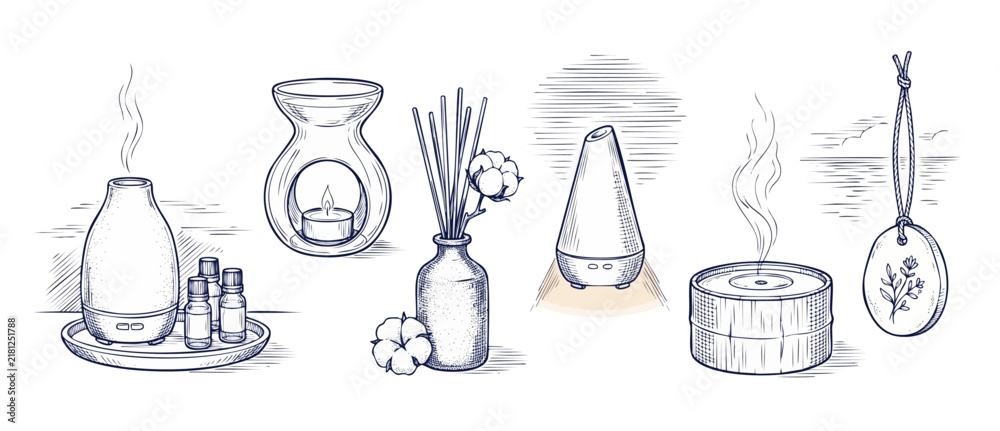 Obraz premium Essential oil diffuser spa set sketch vector illustration of aromatherapy items including reed diffuser, candle burner, fragrance bottles, and hanging air freshener for wellness relaxation context.