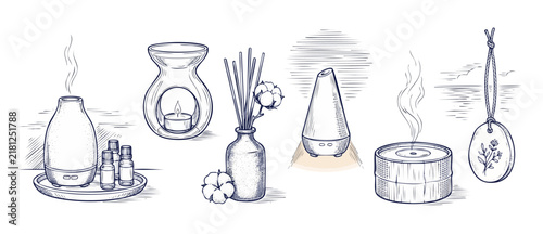 Essential oil diffuser spa set sketch vector illustration of aromatherapy items including reed diffuser, candle burner, fragrance bottles, and hanging air freshener for wellness relaxation context.
