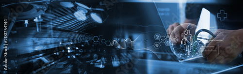 Innovation health technology, futuristic medical background. Doctor working with AI using electronic medical data, medical scanning and diagnosis