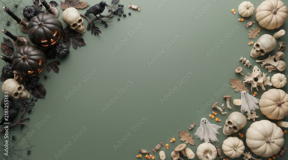 Obraz premium A festive Halloween flat lay composition featuring dark carved pumpkins, skulls, ghosts, and autumn leaves arranged on a muted sage green background with decorative candy corn and spooky spider webs.