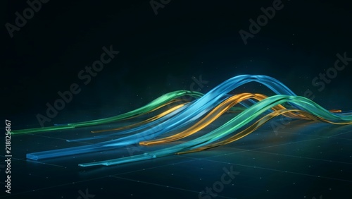 Translucent wavy ribbons in blue, green, and gold on dark grid background