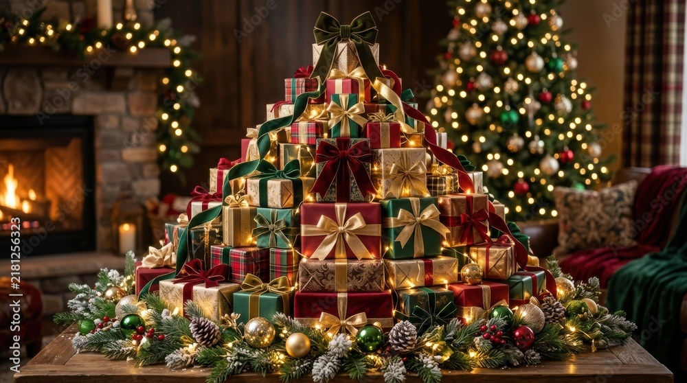 Fototapeta premium Beautifully Decorated Christmas Tree with Gift Boxes and Festive Holiday Atmosphere