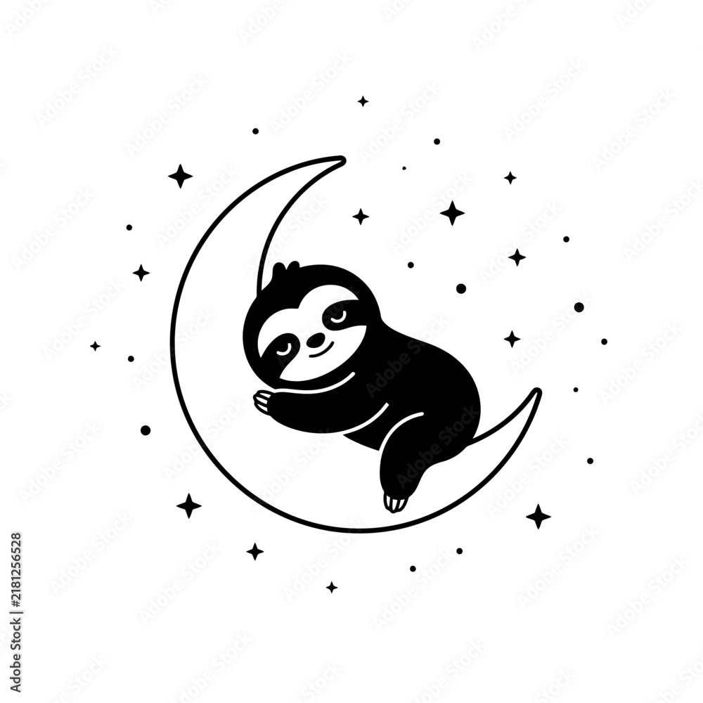 Fototapeta premium Cute cartoon sloth sleeping on a crescent moon with stars
