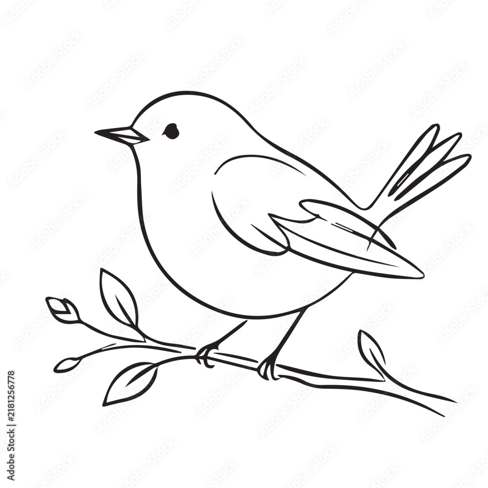 Fototapeta premium Cute bird vector illustration outline on branch. Minimalist line art of small songbird perched on leafy twig. Black and white linear sketch graphic design element.
